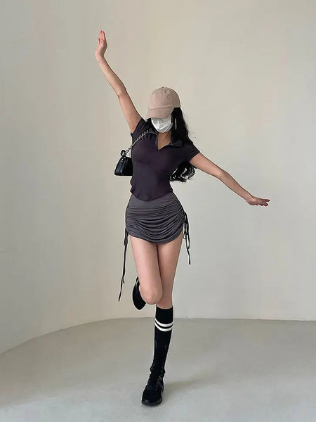 Istyle Can Polyester Women's Top Solid Short Sleeve Ribbed Asymmetric Hem Casual T-Shirt Istyle Can