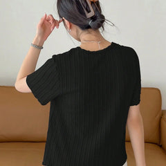 Women Korean Short Sleeve Round Neck Regular Black T Shirt