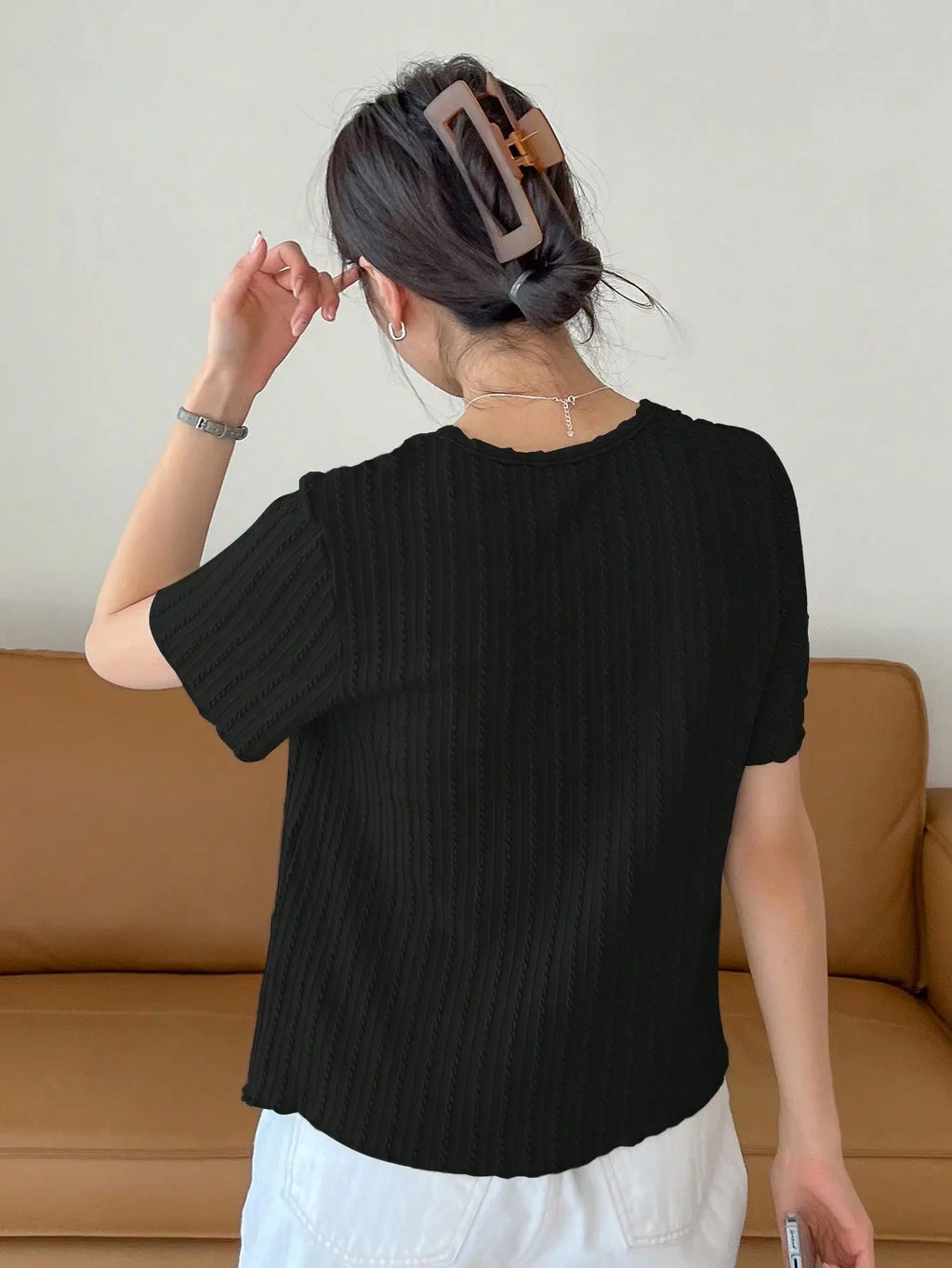 Women Korean Short Sleeve Round Neck Regular Black T Shirt