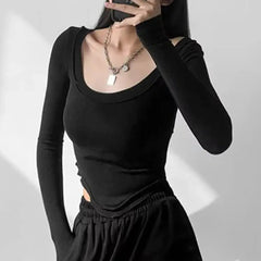 Istyle Can Black Women’s U-Neck Long Sleeve Slim Fit Crop Top My Store