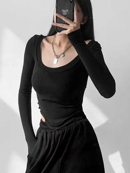 Istyle Can Black Women’s U-Neck Long Sleeve Slim Fit Crop Top My Store