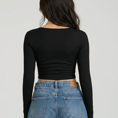 Brand Name Women's Ribbed Solid Top - V-Neck Long Sleeve