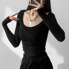 Istyle Can Black Women’s U-Neck Long Sleeve Slim Fit Crop Top My Store