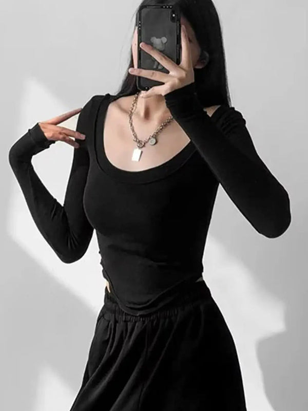 Istyle Can Black Women’s U-Neck Long Sleeve Slim Fit Crop Top My Store