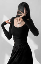 Istyle Can Black Women’s U-Neck Long Sleeve Slim Fit Crop Top My Store