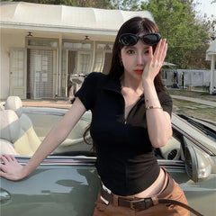 Istyle Can Polyester Women's Top Solid Short Sleeve Ribbed Asymmetric Hem Casual T-Shirt Istyle Can