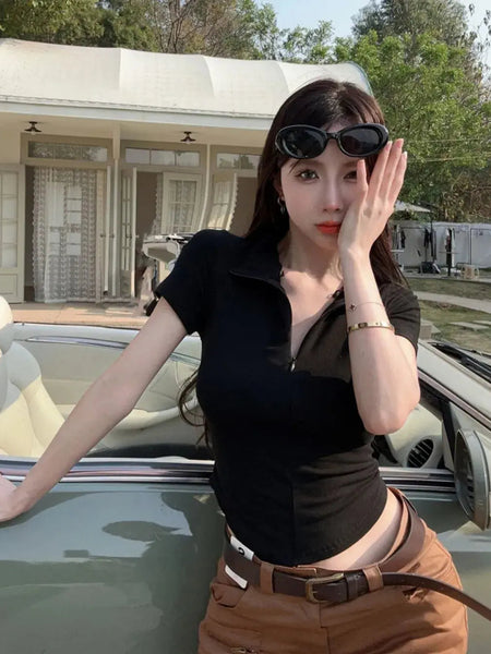 Istyle Can Polyester Women's Top Solid Short Sleeve Ribbed Asymmetric Hem Casual T-Shirt Istyle Can