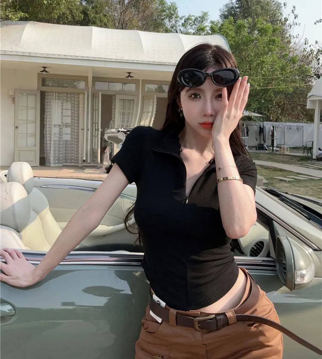 Istyle Can Polyester Women's Top Solid Short Sleeve Ribbed Asymmetric Hem Casual T-Shirt Istyle Can