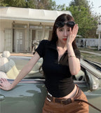 Istyle Can Polyester Women's Top Solid Short Sleeve Ribbed Asymmetric Hem Casual T-Shirt Istyle Can