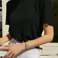 Women Korean Short Sleeve Round Neck Regular Black T Shirt