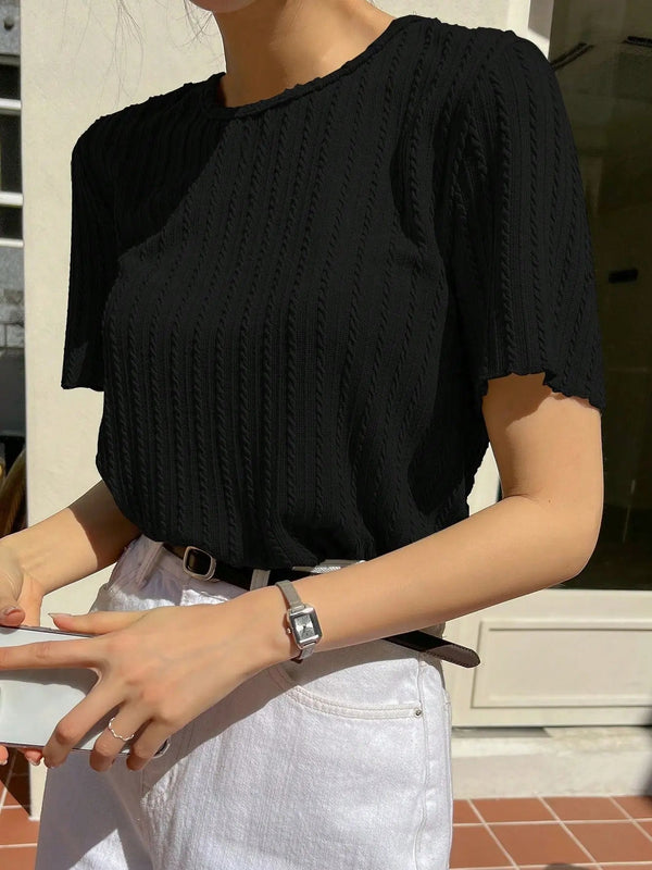 Women Korean Short Sleeve Round Neck Regular Black T Shirt