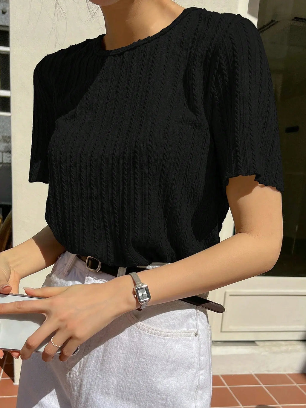 Women Korean Short Sleeve Round Neck Regular Black T Shirt