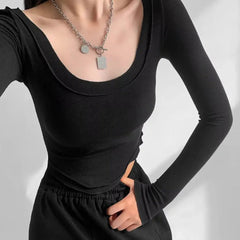 Istyle Can Black Women’s U-Neck Long Sleeve Slim Fit Crop Top My Store