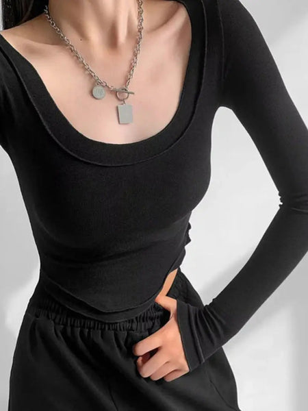 Istyle Can Black Women’s U-Neck Long Sleeve Slim Fit Crop Top My Store