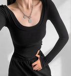 Istyle Can Black Women’s U-Neck Long Sleeve Slim Fit Crop Top My Store