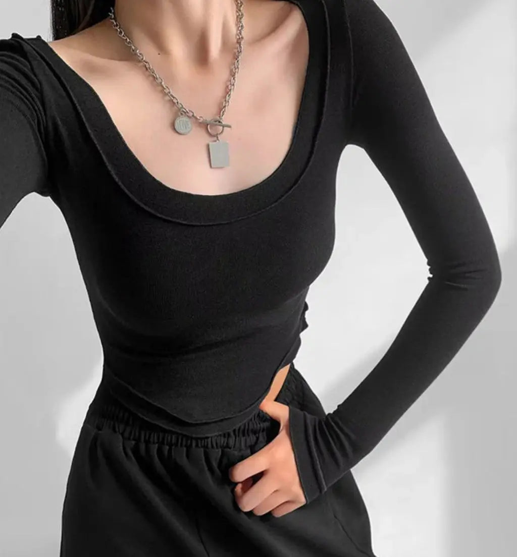 Istyle Can Black Women’s U-Neck Long Sleeve Slim Fit Crop Top My Store