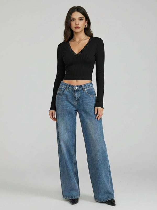 Brand Name Women's Ribbed Solid Top - V-Neck Long Sleeve