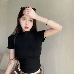 Istyle Can Polyester Women's Top Solid Short Sleeve Ribbed Asymmetric Hem Casual T-Shirt Istyle Can