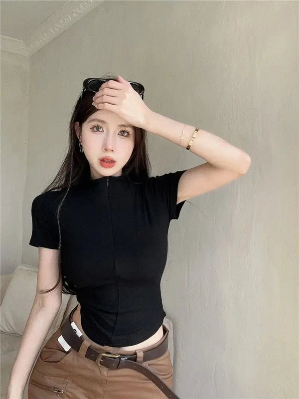 Istyle Can Polyester Women's Top Solid Short Sleeve Ribbed Asymmetric Hem Casual T-Shirt Istyle Can