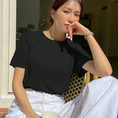 Women Korean Short Sleeve Round Neck Regular Black T Shirt