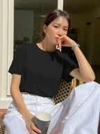 Women Korean Short Sleeve Round Neck Regular Black T Shirt