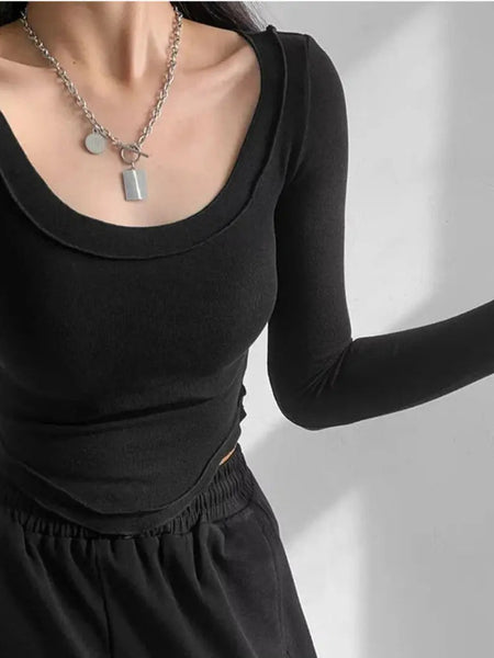 Istyle Can Black Women’s U-Neck Long Sleeve Slim Fit Crop Top My Store