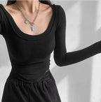 Istyle Can Black Women’s U-Neck Long Sleeve Slim Fit Crop Top My Store