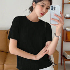 Women Korean Short Sleeve Round Neck Regular Black T Shirt