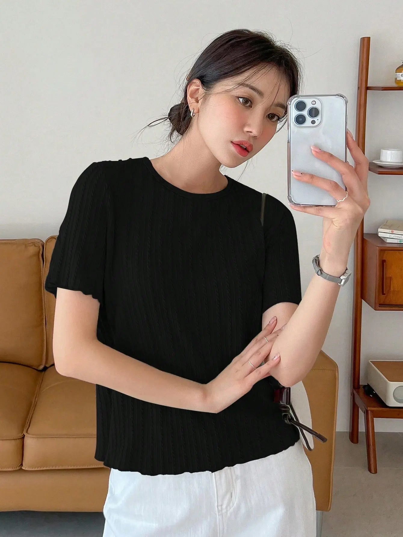 Women Korean Short Sleeve Round Neck Regular Black T Shirt