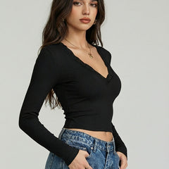 Brand Name Women's Ribbed Solid Top - V-Neck Long Sleeve