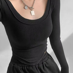 Istyle Can Black Women’s U-Neck Long Sleeve Slim Fit Crop Top My Store