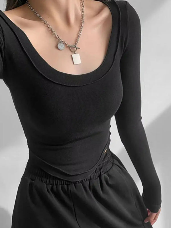 Istyle Can Black Women’s U-Neck Long Sleeve Slim Fit Crop Top My Store