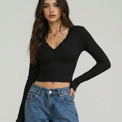 Brand Name Women's Ribbed Solid Top - V-Neck Long Sleeve