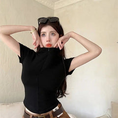 Istyle Can Polyester Women's Top Solid Short Sleeve Ribbed Asymmetric Hem Casual T-Shirt Istyle Can