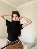 Istyle Can Polyester Women's Top Solid Short Sleeve Ribbed Asymmetric Hem Casual T-Shirt Istyle Can