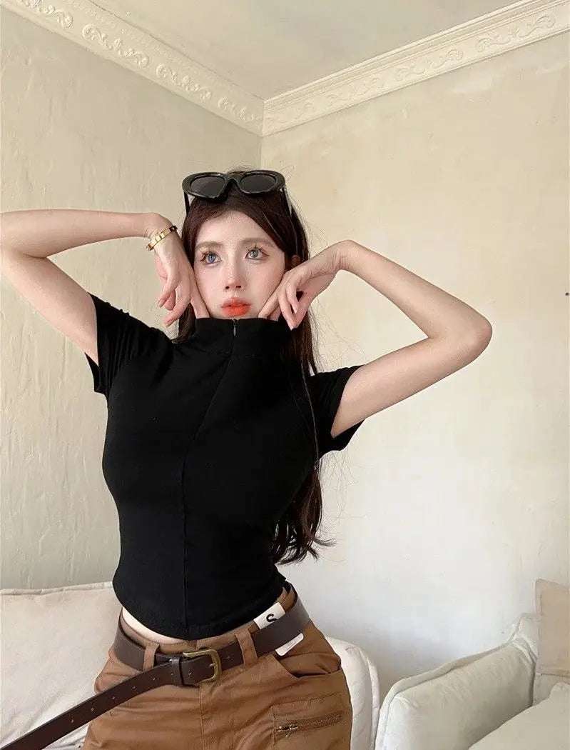 Istyle Can Polyester Women's Top Solid Short Sleeve Ribbed Asymmetric Hem Casual T-Shirt Istyle Can