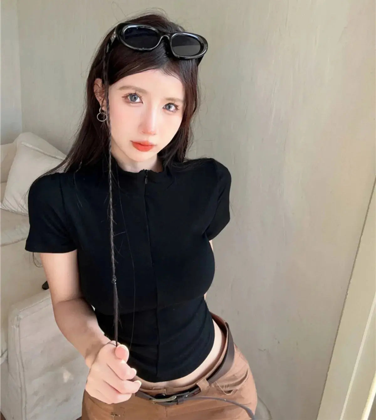 Istyle Can Polyester Women's Top Solid Short Sleeve Ribbed Asymmetric Hem Casual T-Shirt Istyle Can