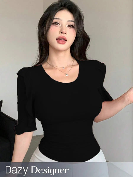 Black Ribbed Knit Ruffle Half Sleeves Korean Fashion Slim fit Top
