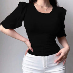 Black Ribbed Knit Ruffle Half Sleeves Korean Fashion Slim fit Top