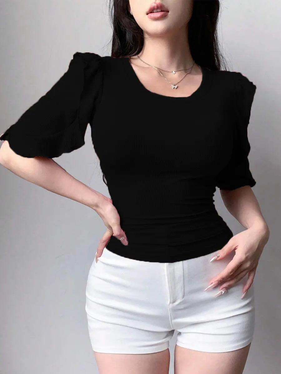 Black Ribbed Knit Ruffle Half Sleeves Korean Fashion Slim fit Top