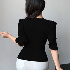 Black Ribbed Knit Ruffle Half Sleeves Korean Fashion Slim fit Top