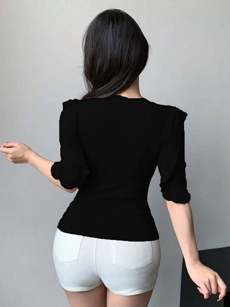 Black Ribbed Knit Ruffle Half Sleeves Korean Fashion Slim fit Top