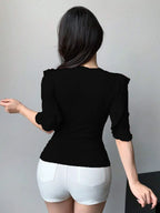 Black Ribbed Knit Ruffle Half Sleeves Korean Fashion Slim fit Top