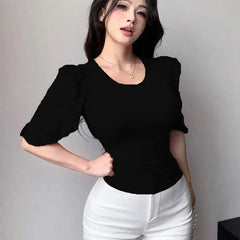 Black Ribbed Knit Ruffle Half Sleeves Korean Fashion Slim fit Top