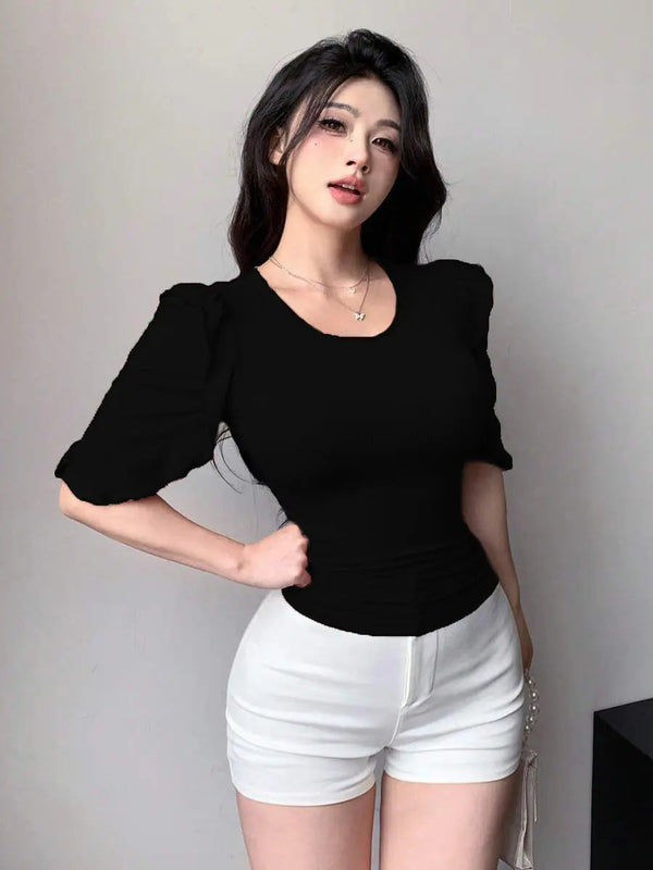 Black Ribbed Knit Ruffle Half Sleeves Korean Fashion Slim fit Top
