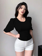 Black Ribbed Knit Ruffle Half Sleeves Korean Fashion Slim fit Top