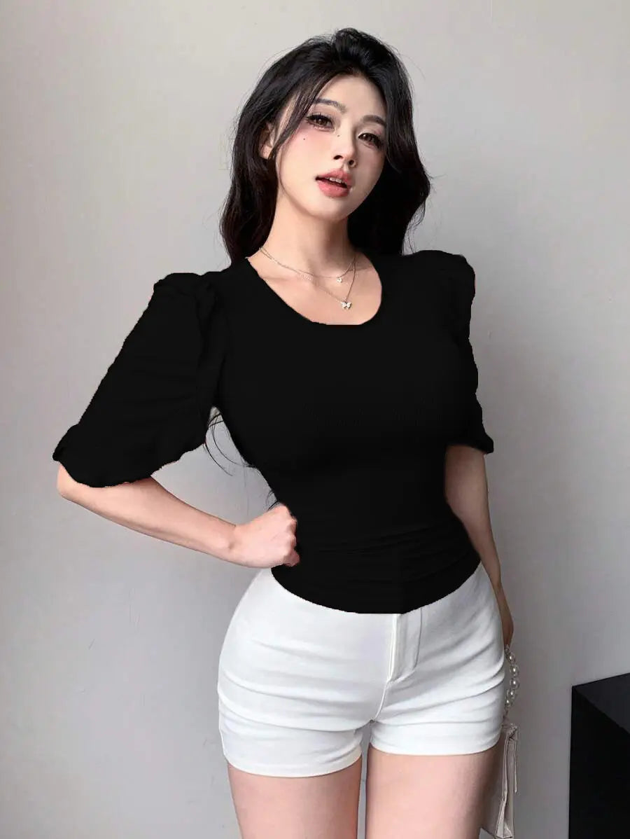 Black Ribbed Knit Ruffle Half Sleeves Korean Fashion Slim fit Top