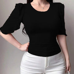 Black Ribbed Knit Ruffle Half Sleeves Korean Fashion Slim fit Top