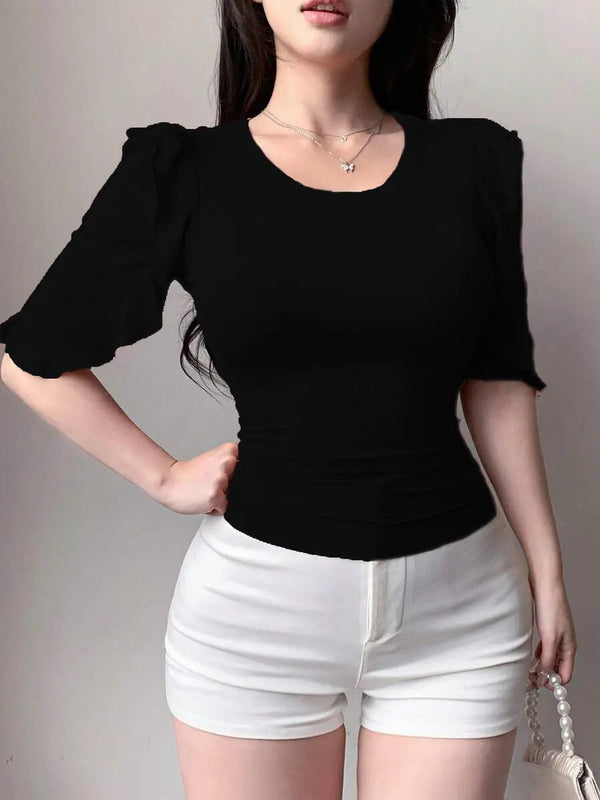 Black Ribbed Knit Ruffle Half Sleeves Korean Fashion Slim fit Top