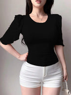 Black Ribbed Knit Ruffle Half Sleeves Korean Fashion Slim fit Top